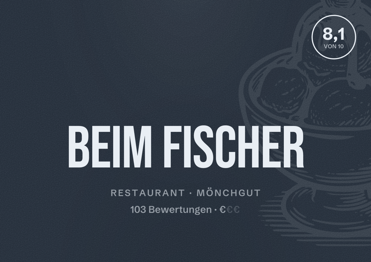 Illustriertes Poster von Beim Fischer, Restaurant in Mönchgut: Bewertung 8,1 von 10 aus 103 Bewertungen, Preisniveau €