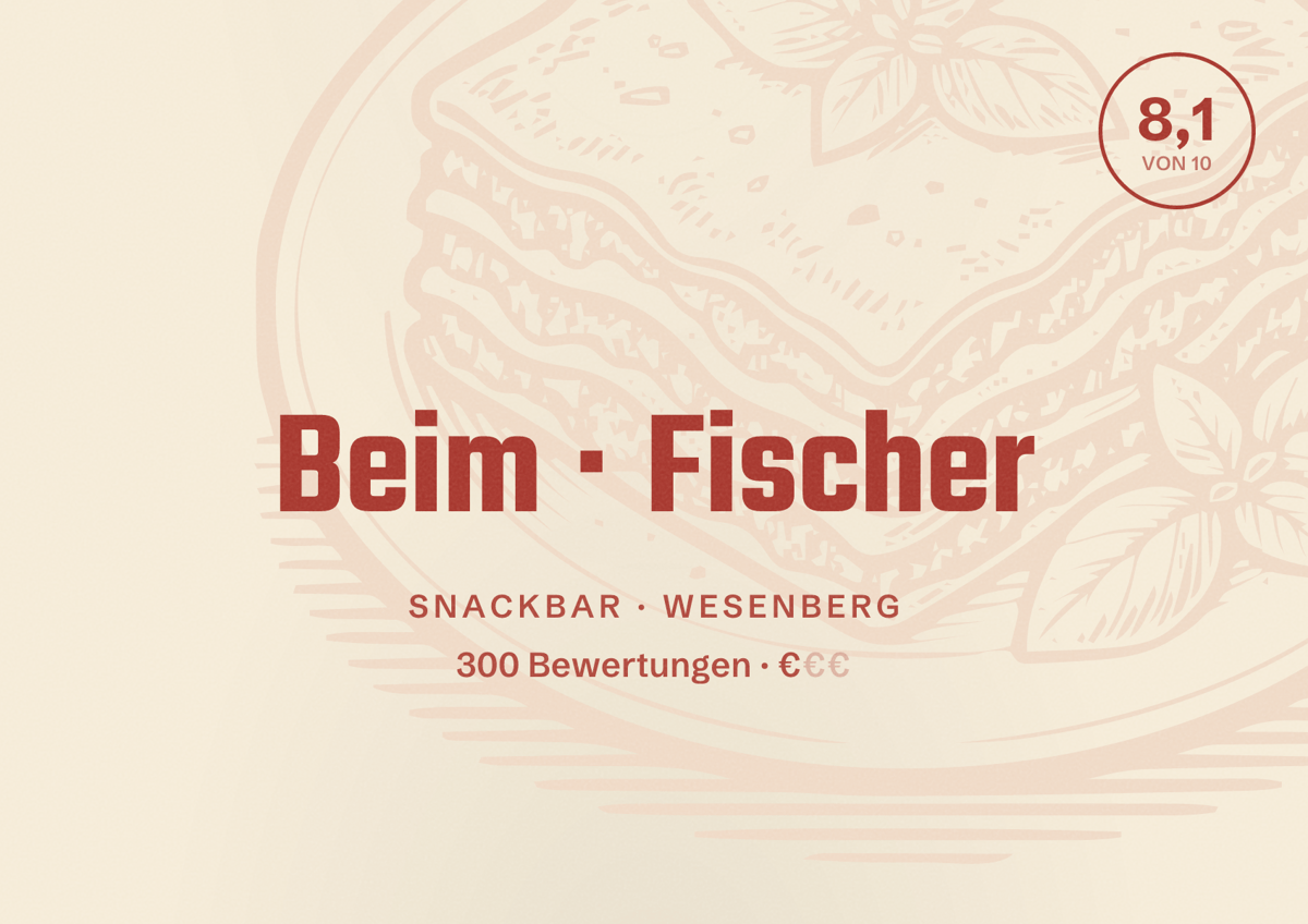 Illustriertes Poster von Beim Fischer, Snackbar in Wesenberg: Bewertung 8,1 von 10 aus 300 Bewertungen, Preisniveau €