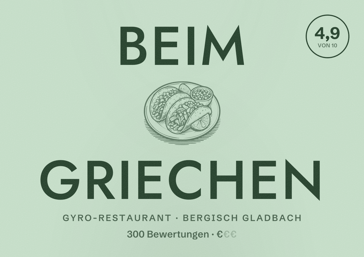 Illustriertes Poster von Beim Griechen, Gyro-Restaurant in Bergisch Gladbach: Bewertung 4,9 von 10 aus 300 Bewertungen, Preisniveau €