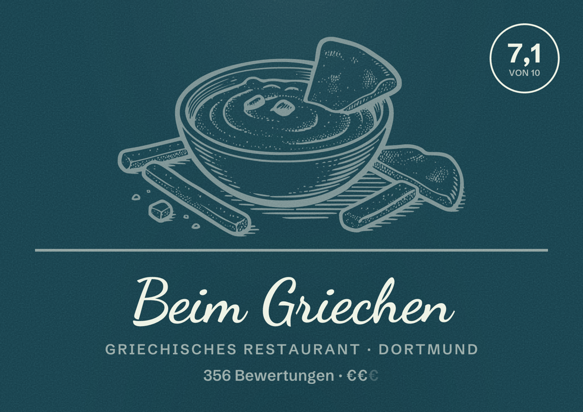 Illustriertes Poster von Beim Griechen, Griechisches Restaurant in Dortmund: Bewertung 7,1 von 10 aus 356 Bewertungen, Preisniveau €€
