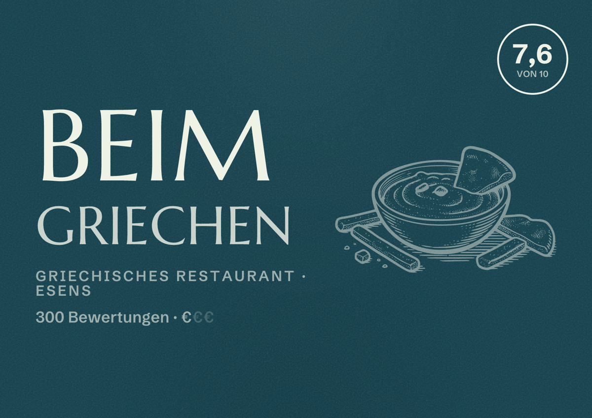 Illustriertes Poster von Beim Griechen, Griechisches Restaurant in Esens: Bewertung 7,6 von 10 aus 300 Bewertungen, Preisniveau €