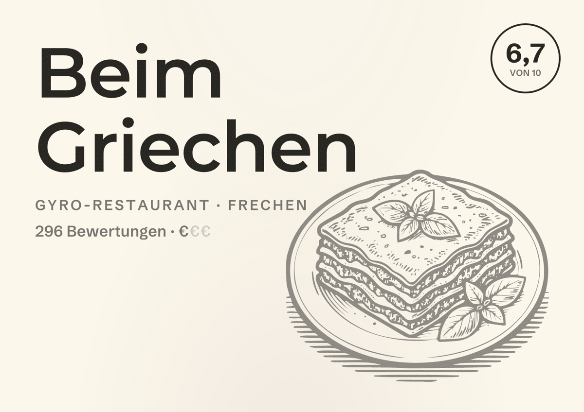 Illustriertes Poster von Beim Griechen, Gyro-Restaurant in Frechen: Bewertung 6,7 von 10 aus 296 Bewertungen, Preisniveau €