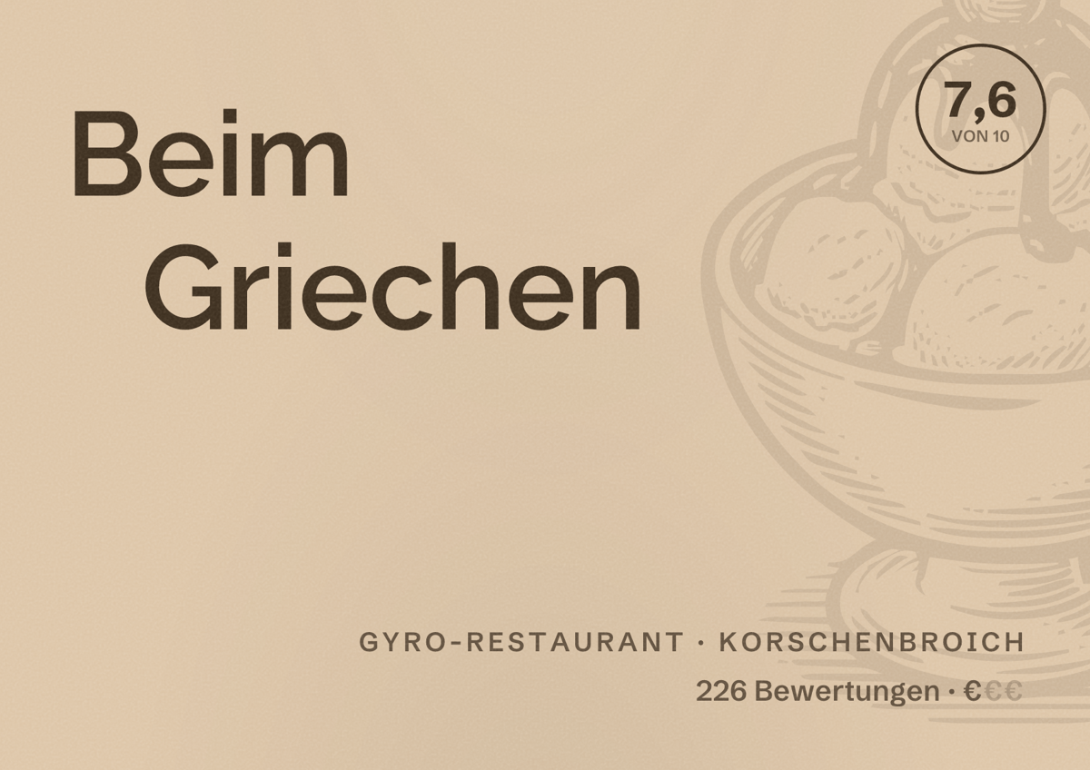 Illustriertes Poster von Beim Griechen, Gyro-Restaurant in Korschenbroich: Bewertung 7,6 von 10 aus 226 Bewertungen, Preisniveau €