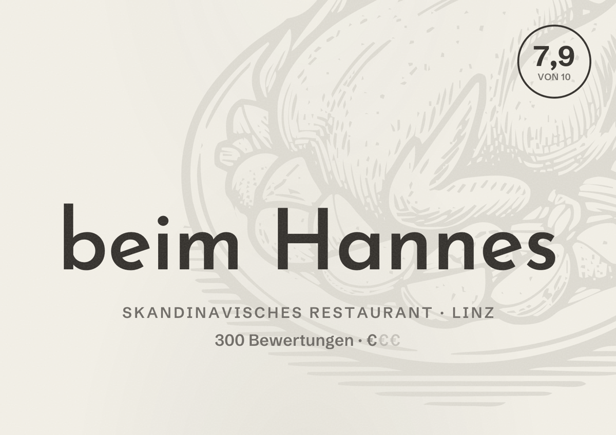 Illustriertes Poster von beim Hannes, Skandinavisches Restaurant in Linz: Bewertung 7,9 von 10 aus 300 Bewertungen, Preisniveau €