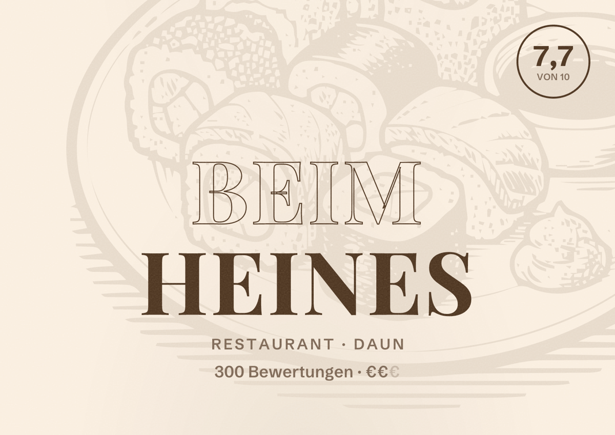 Illustriertes Poster von Beim Heines, Restaurant in Daun: Bewertung 7,7 von 10 aus 300 Bewertungen, Preisniveau €€