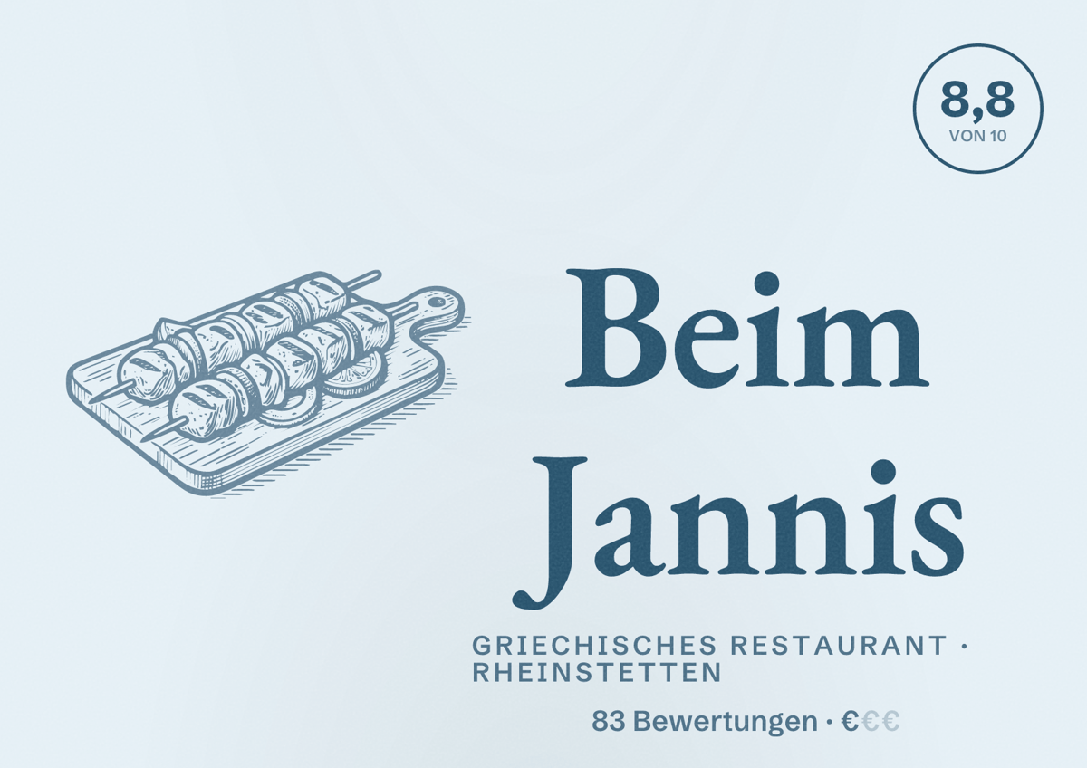Illustriertes Poster von Beim Jannis, Griechisches Restaurant in Rheinstetten: Bewertung 8,8 von 10 aus 83 Bewertungen, Preisniveau €