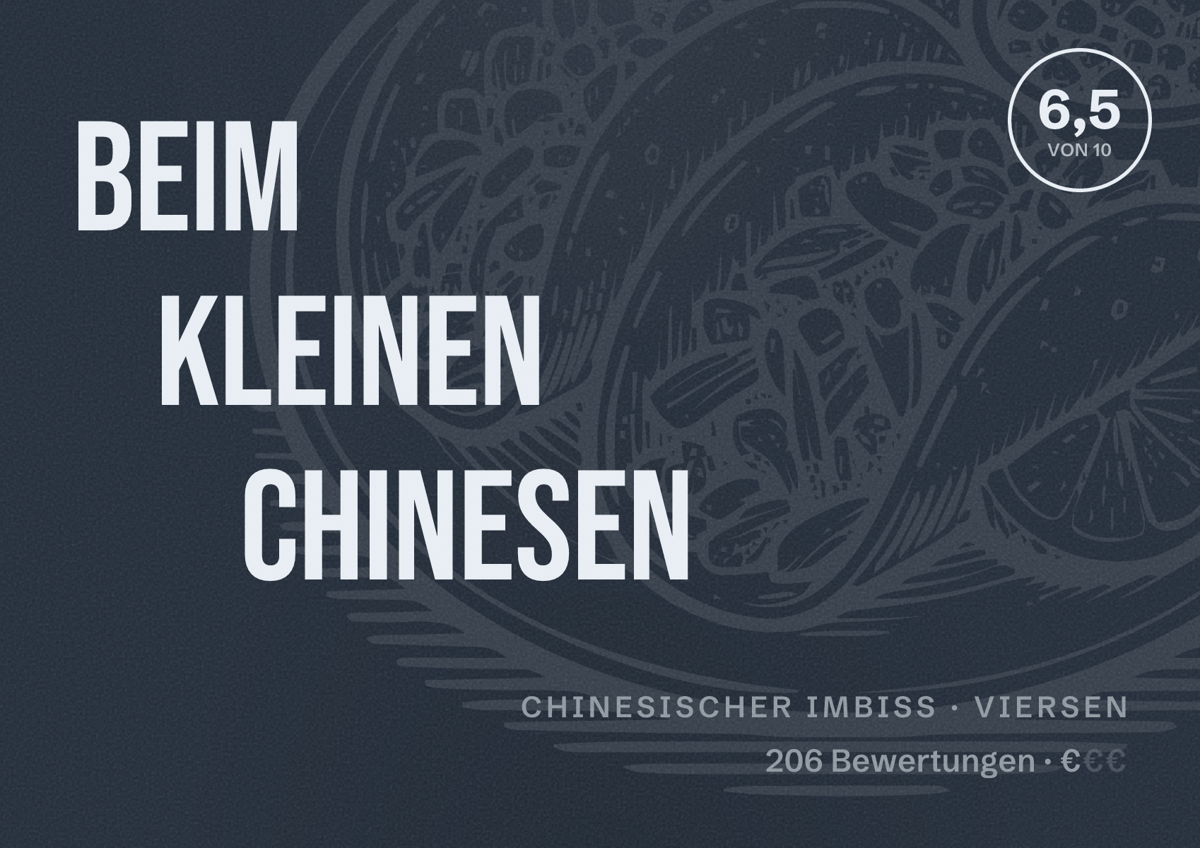 Illustriertes Poster von Beim kleinen Chinesen, Chinesischer Imbiss in Viersen: Bewertung 6,5 von 10 aus 206 Bewertungen, Preisniveau €