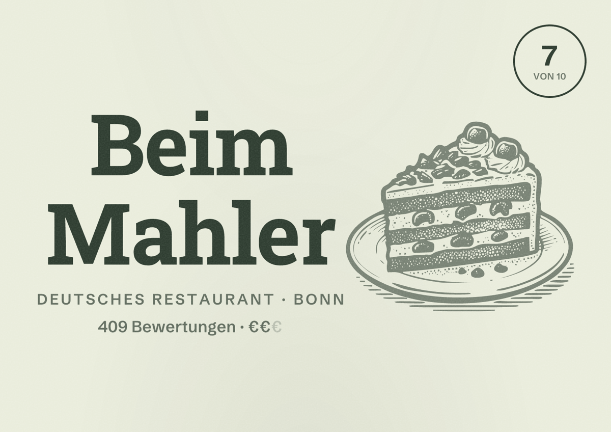 Illustriertes Poster von Beim Mahler, Deutsches Restaurant in Bonn: Bewertung 7 von 10 aus 409 Bewertungen, Preisniveau €€
