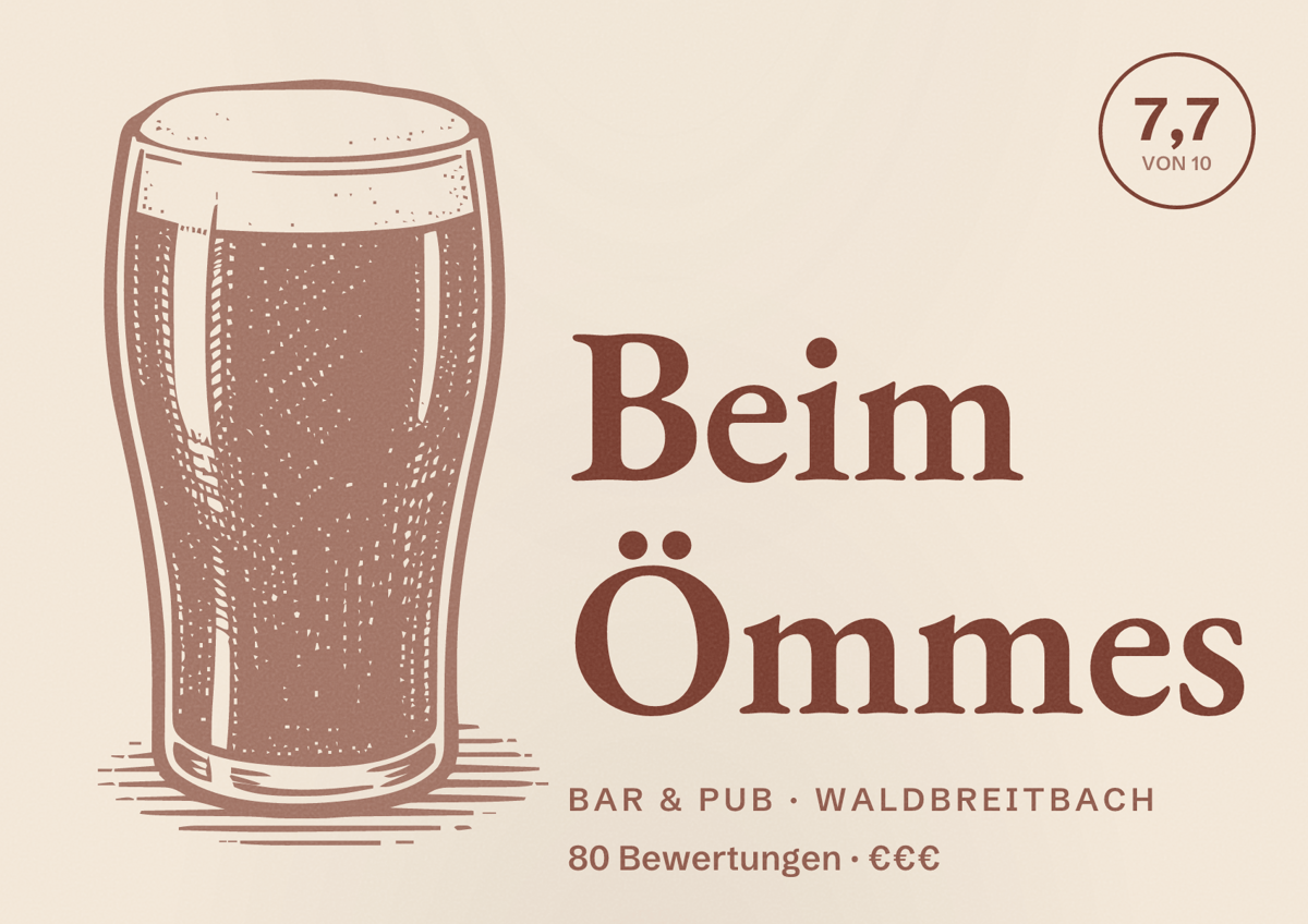 Illustriertes Poster von Beim Ömmes, Bar & Pub in Waldbreitbach: Bewertung 7,7 von 10 aus 80 Bewertungen, Preisniveau €€€