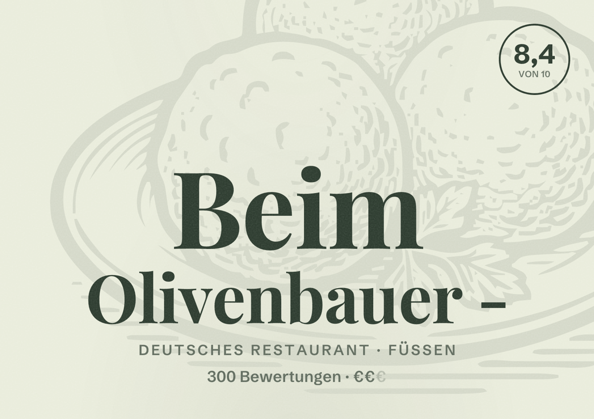 Illustriertes Poster von Beim Olivenbauer -, Deutsches Restaurant in Füssen: Bewertung 8,4 von 10 aus 300 Bewertungen, Preisniveau €€