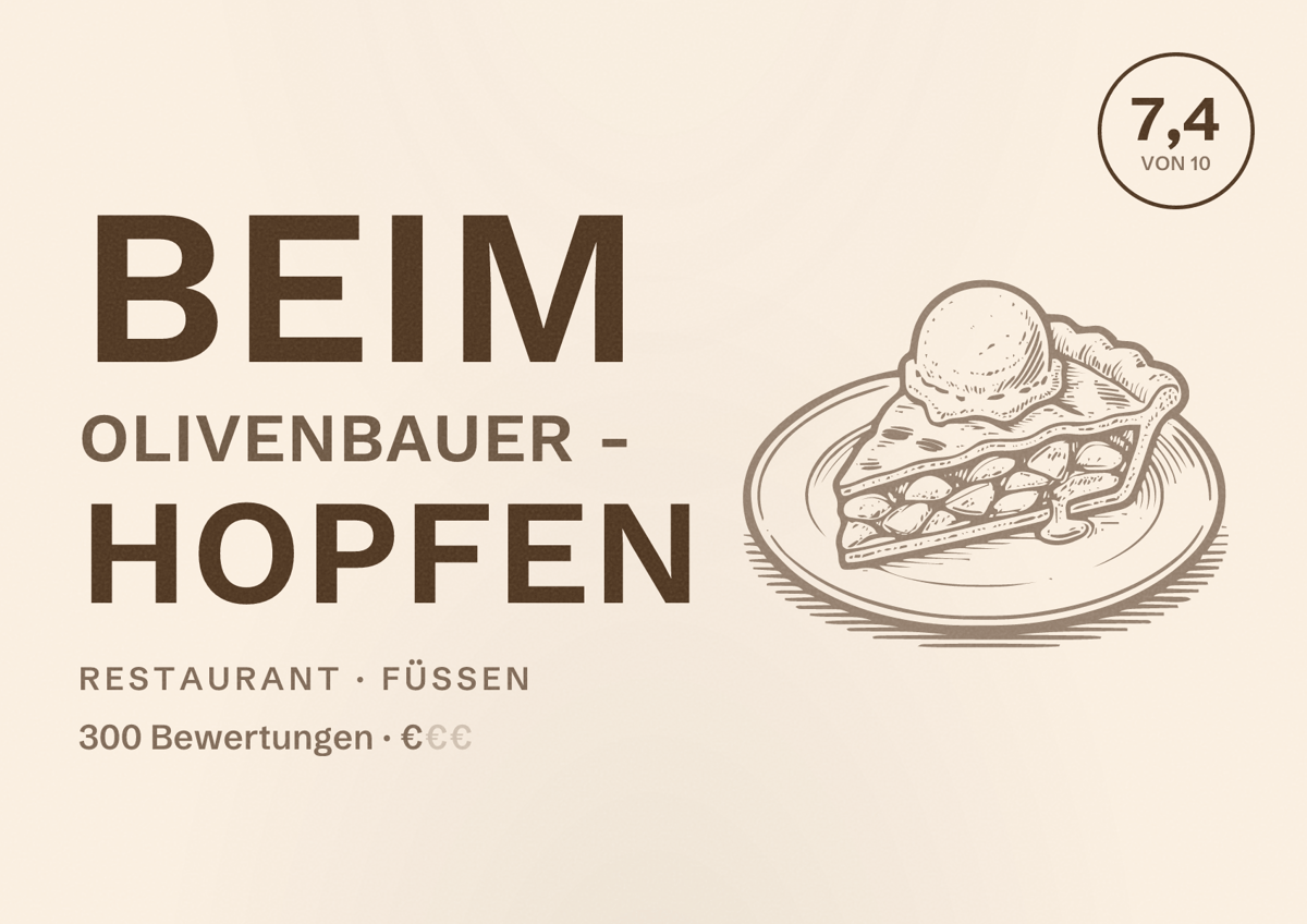 Illustriertes Poster von Beim Olivenbauer - Hopfen, Restaurant in Füssen: Bewertung 7,4 von 10 aus 300 Bewertungen, Preisniveau €