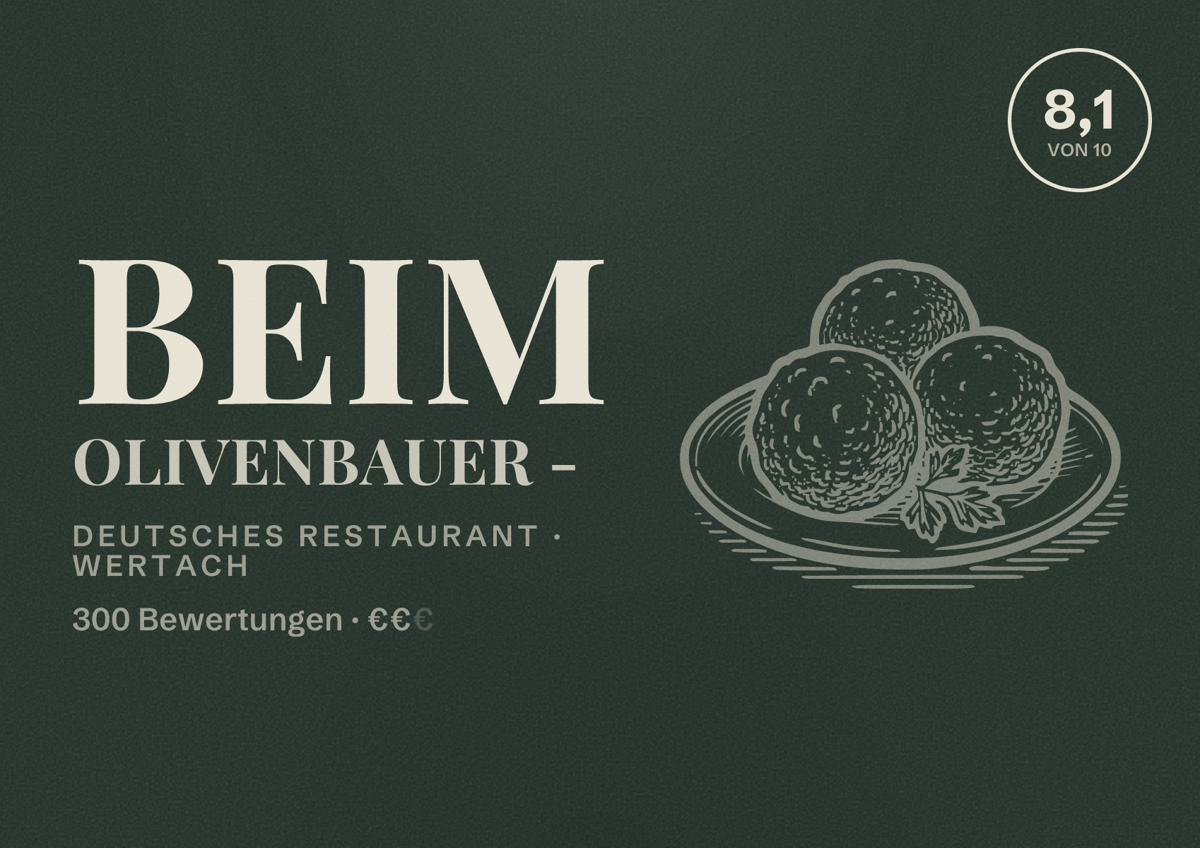 Illustriertes Poster von Beim Olivenbauer -, Deutsches Restaurant in Wertach: Bewertung 8,1 von 10 aus 300 Bewertungen, Preisniveau €€