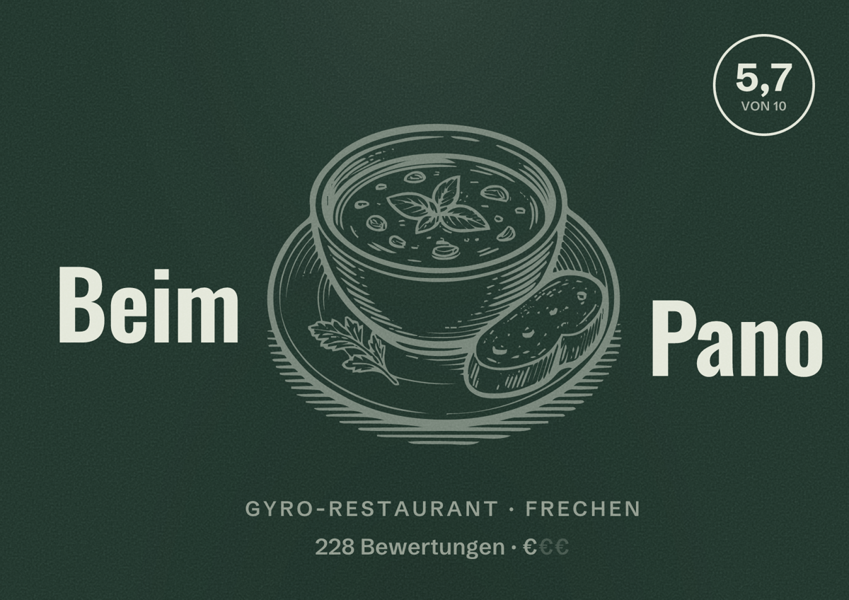 Illustriertes Poster von Beim Pano, Gyro-Restaurant in Frechen: Bewertung 5,7 von 10 aus 228 Bewertungen, Preisniveau €