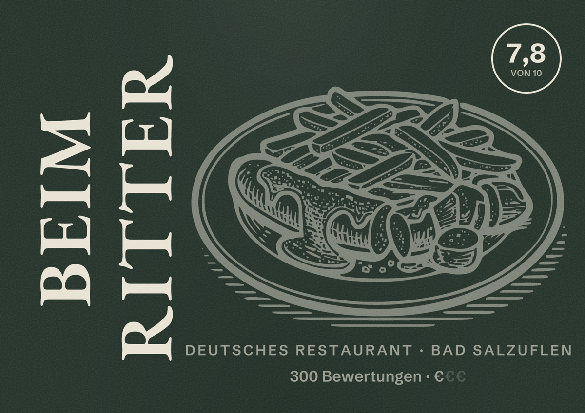 Illustriertes Poster von Beim Ritter, Deutsches Restaurant in Bad Salzuflen: Bewertung 7,8 von 10 aus 300 Bewertungen, Preisniveau €