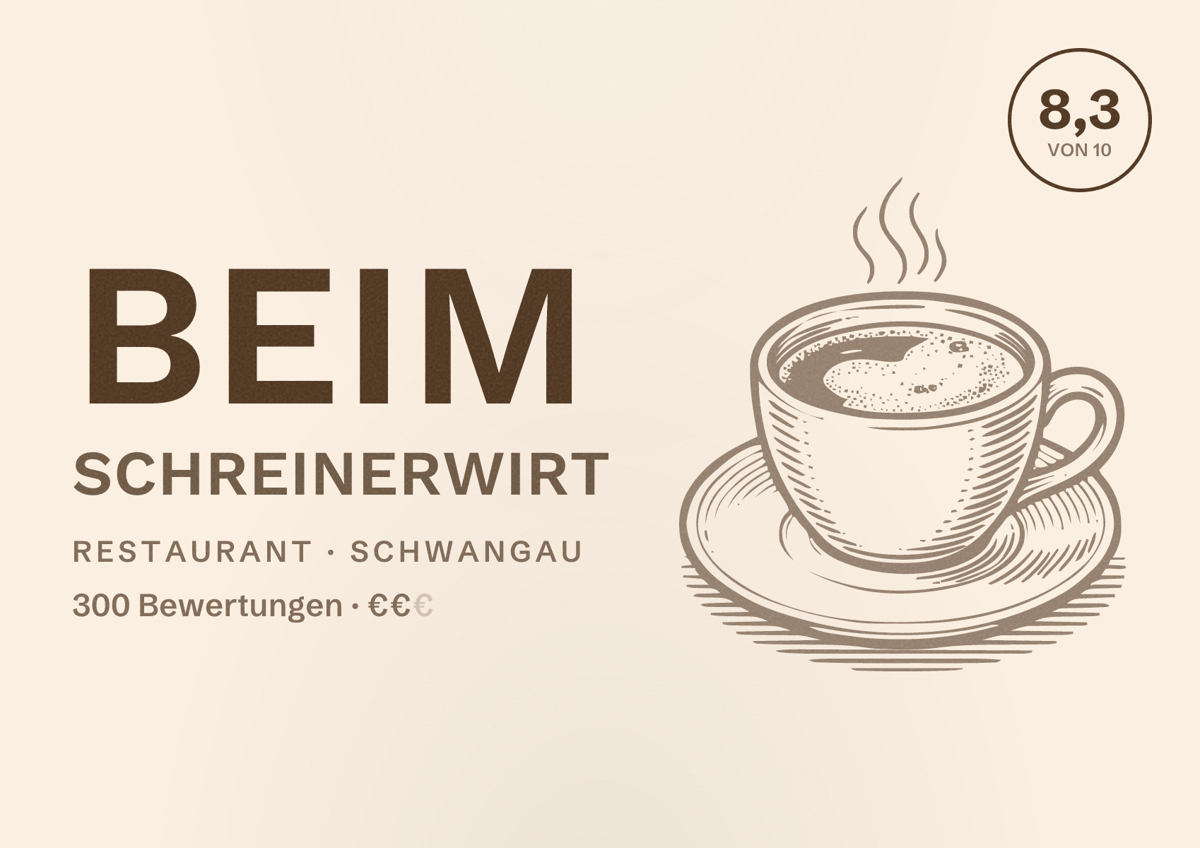 Illustriertes Poster von Beim Schreinerwirt, Restaurant in Schwangau: Bewertung 8,3 von 10 aus 300 Bewertungen, Preisniveau €€