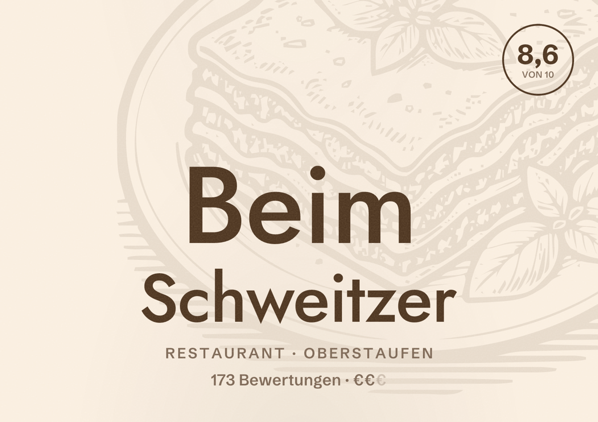 Illustriertes Poster von Beim Schweitzer, Restaurant in Oberstaufen: Bewertung 8,6 von 10 aus 173 Bewertungen, Preisniveau €€