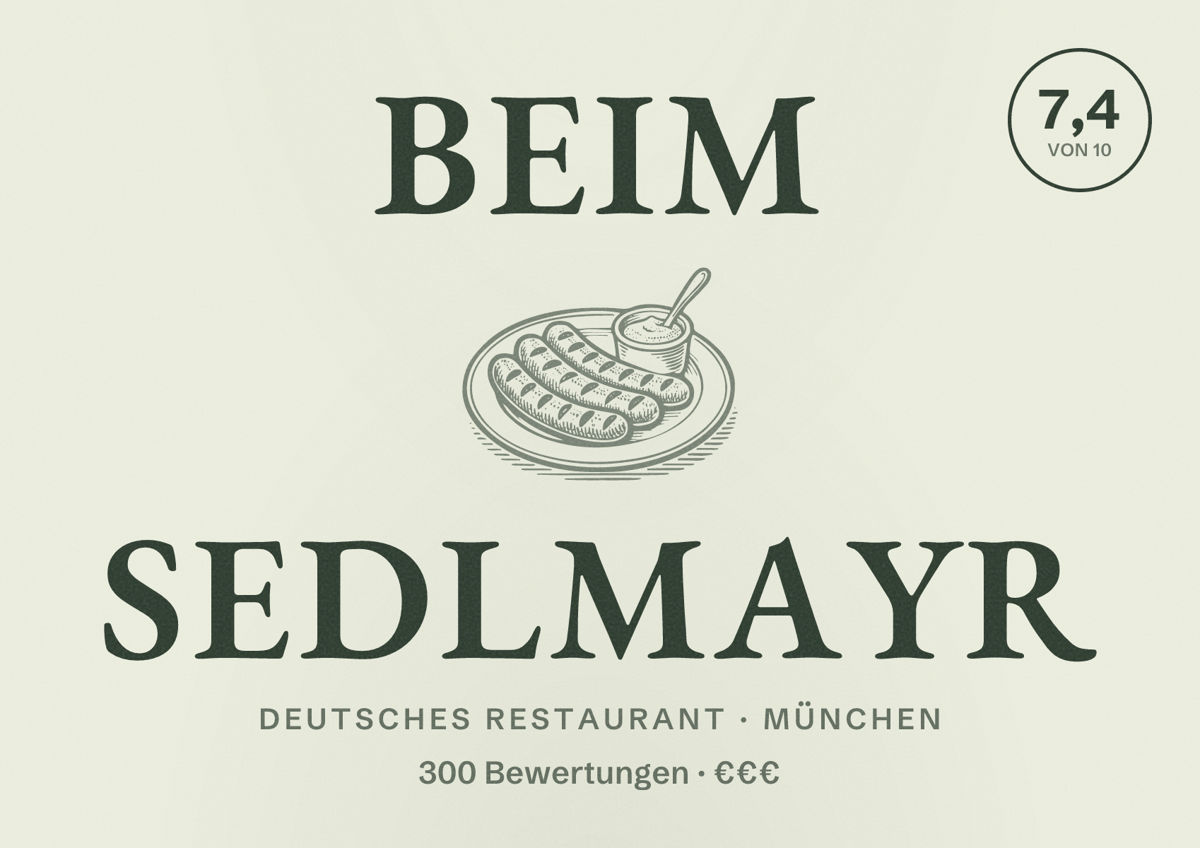 Illustriertes Poster von Beim Sedlmayr, Deutsches Restaurant in München: Bewertung 7,4 von 10 aus 300 Bewertungen, Preisniveau €€€