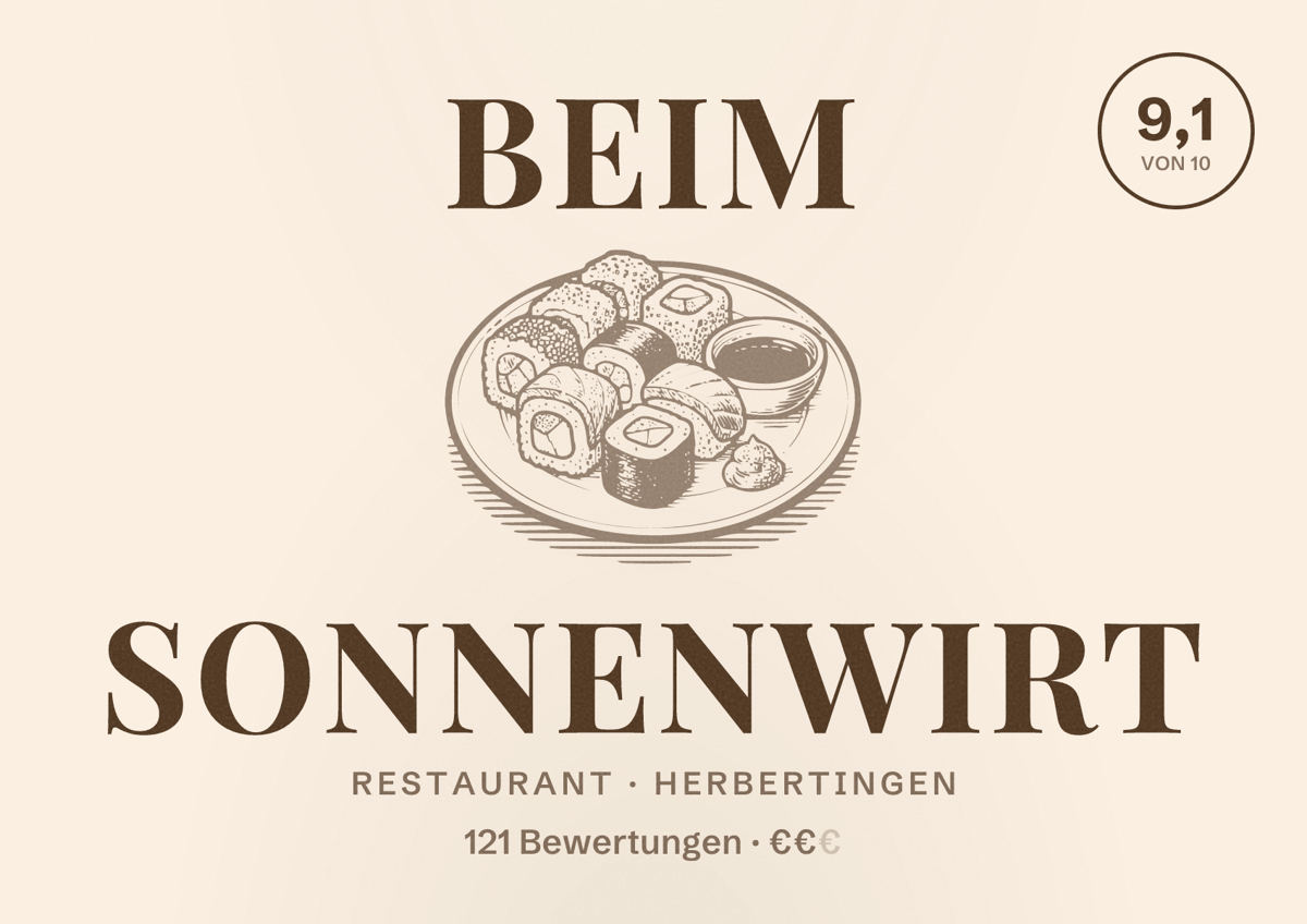 Illustriertes Poster von Beim Sonnenwirt, Restaurant in Herbertingen: Bewertung 9,1 von 10 aus 121 Bewertungen, Preisniveau €€