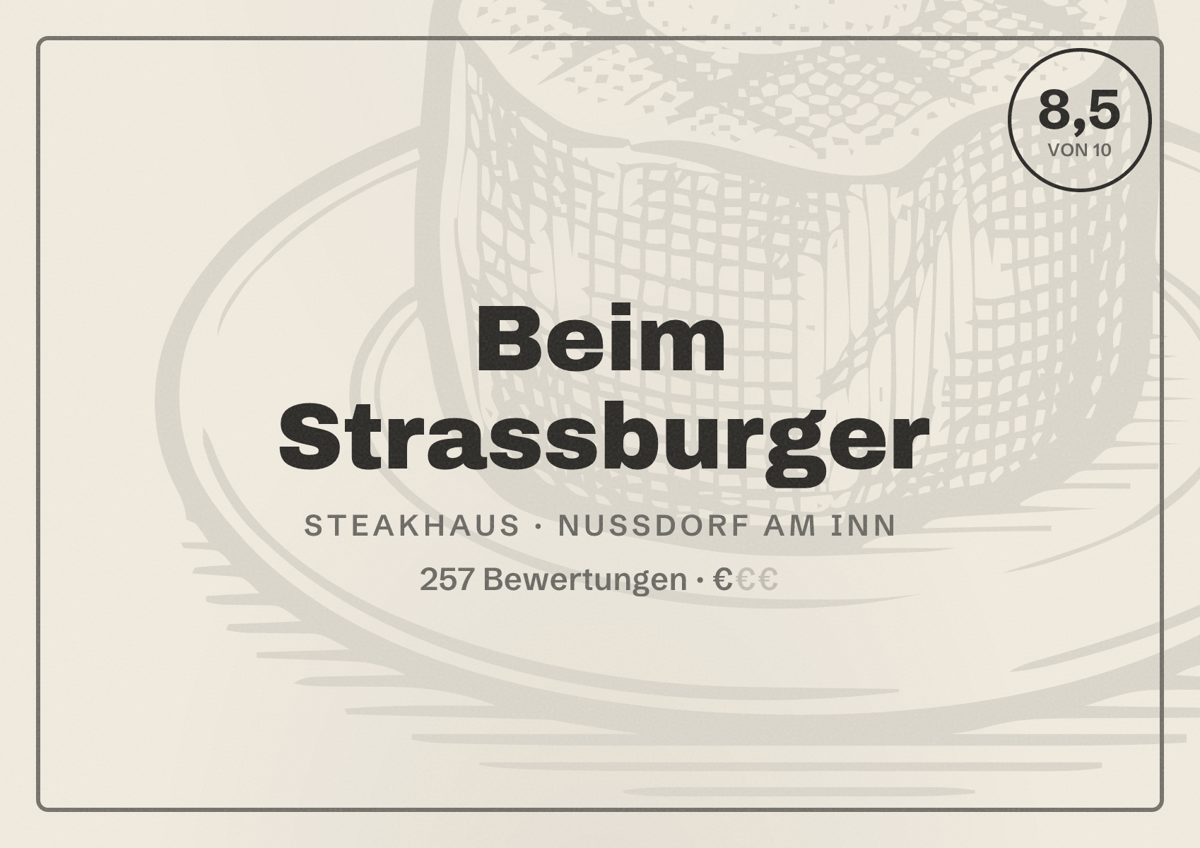 Illustriertes Poster von Beim Strassburger, Steakhaus in Nußdorf am Inn: Bewertung 8,5 von 10 aus 257 Bewertungen, Preisniveau €