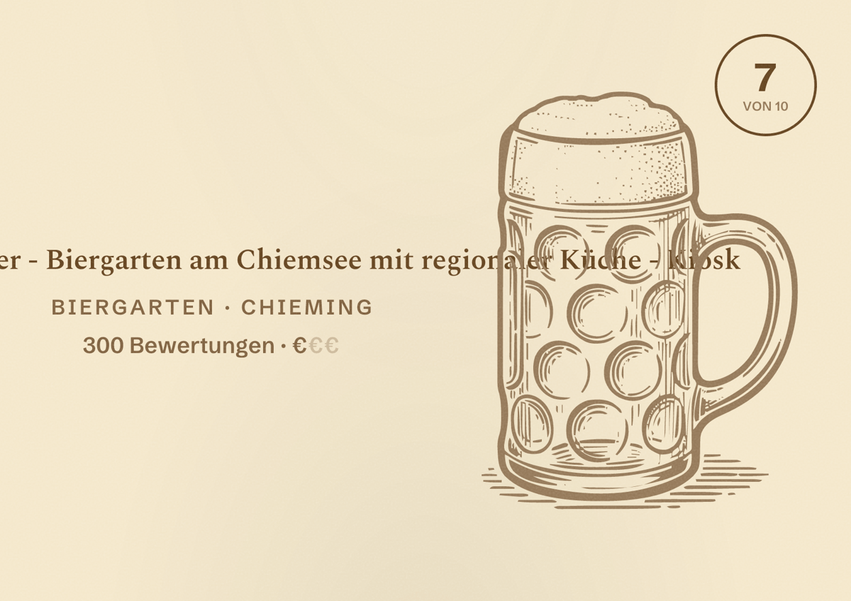 Illustriertes Poster von Beim Wegmacher - Biergarten am Chiemsee mit regionaler Küche - Kiosk, Biergarten in Chieming: Bewertung 7 von 10 aus 300 Bewertungen, Preisniveau €