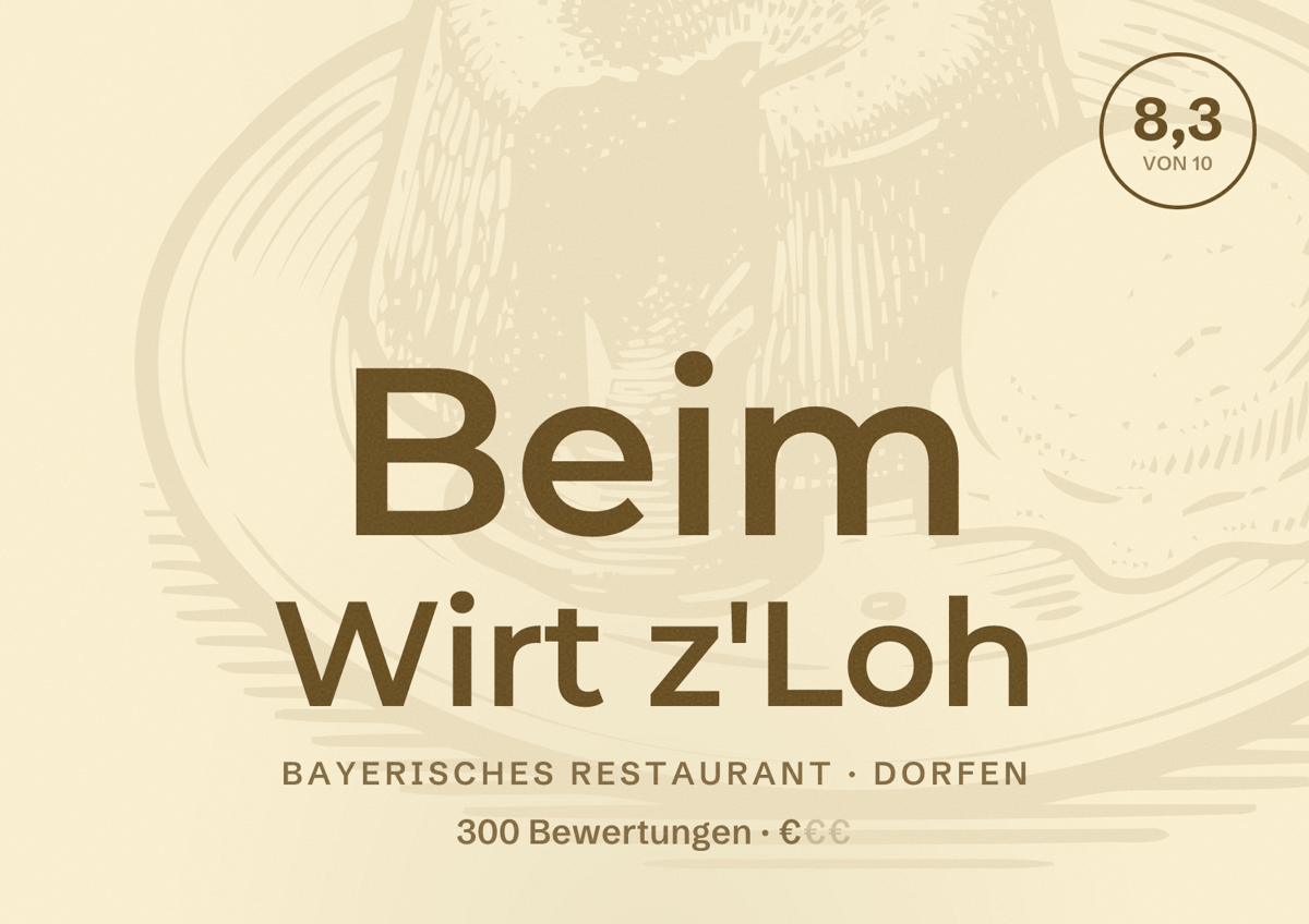 Illustriertes Poster von Beim Wirt z'Loh, Bayerisches Restaurant in Dorfen: Bewertung 8,3 von 10 aus 300 Bewertungen, Preisniveau €