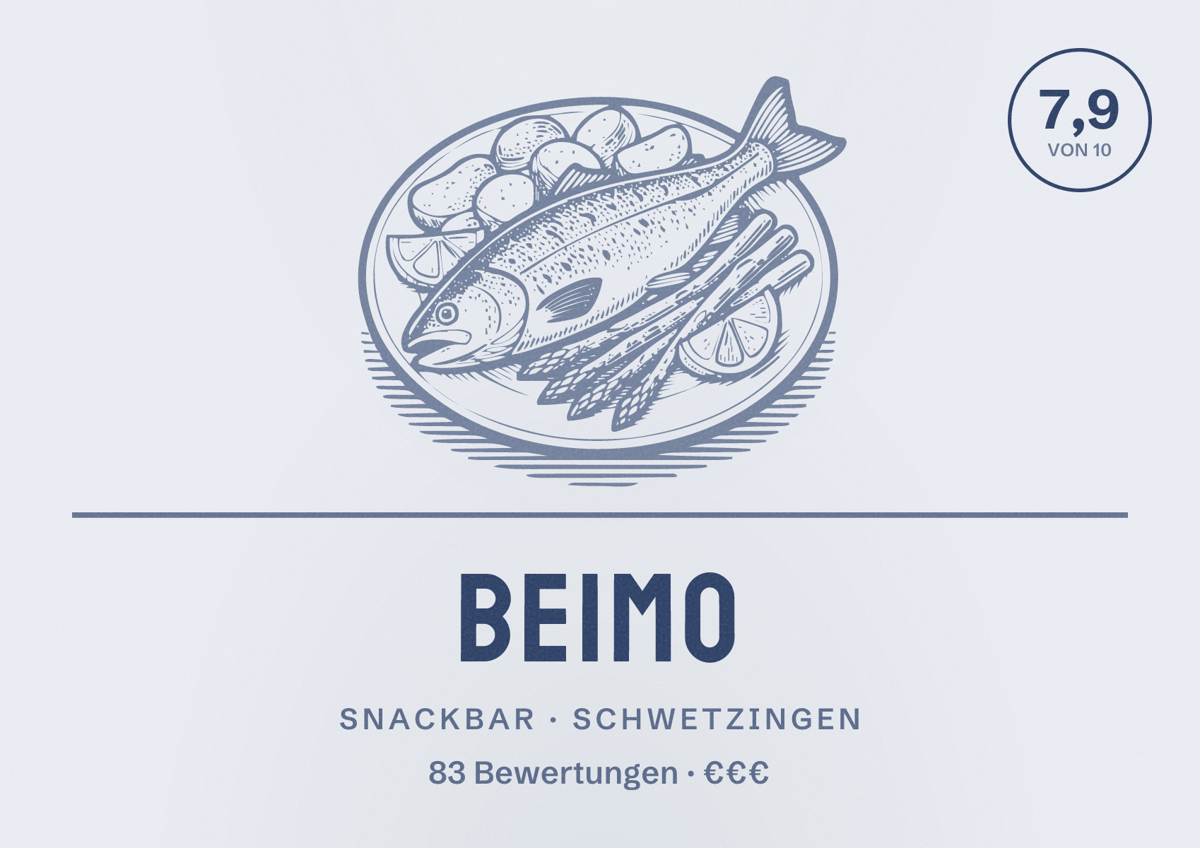 Illustriertes Poster von BEIMO, Snackbar in Schwetzingen: Bewertung 7,9 von 10 aus 83 Bewertungen, Preisniveau €€€