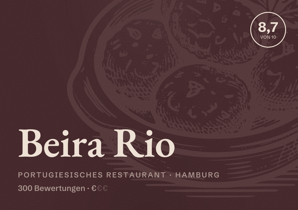 Illustriertes Poster von Beira Rio, Portugiesisches Restaurant in Hamburg: Bewertung 8,7 von 10 aus 300 Bewertungen, Preisniveau €