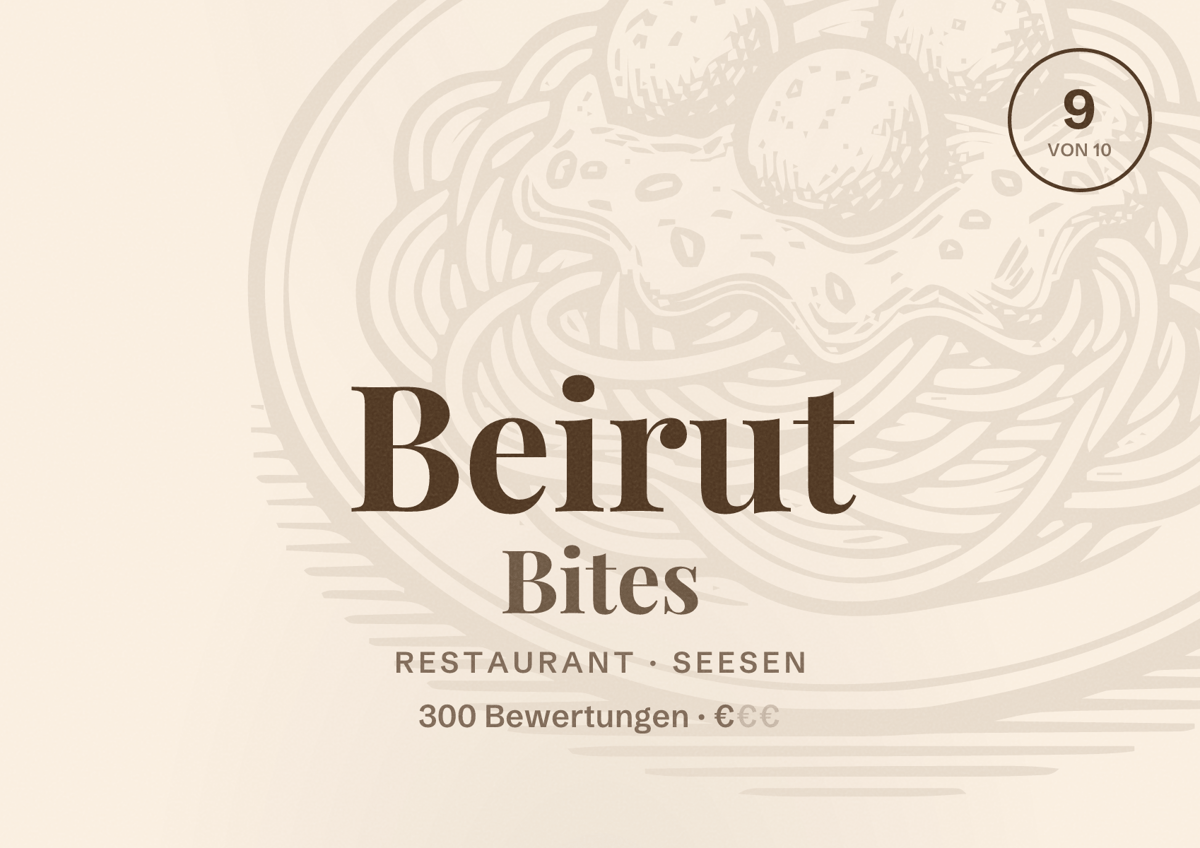 Illustriertes Poster von Beirut Bites, Restaurant in Seesen: Bewertung 9 von 10 aus 300 Bewertungen, Preisniveau €