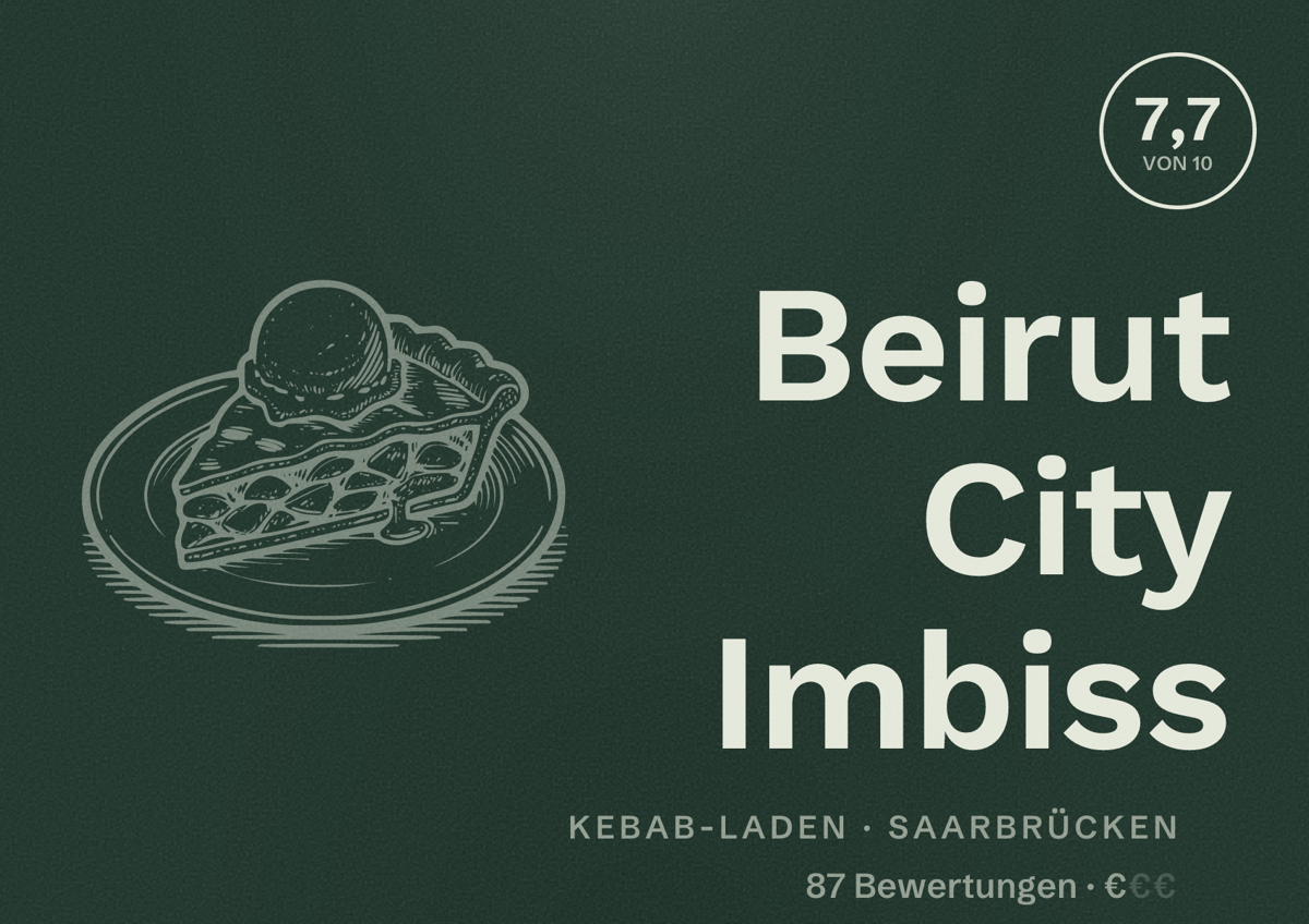 Illustriertes Poster von Beirut City Imbiss, Kebab-Laden in Saarbrücken: Bewertung 7,7 von 10 aus 87 Bewertungen, Preisniveau €