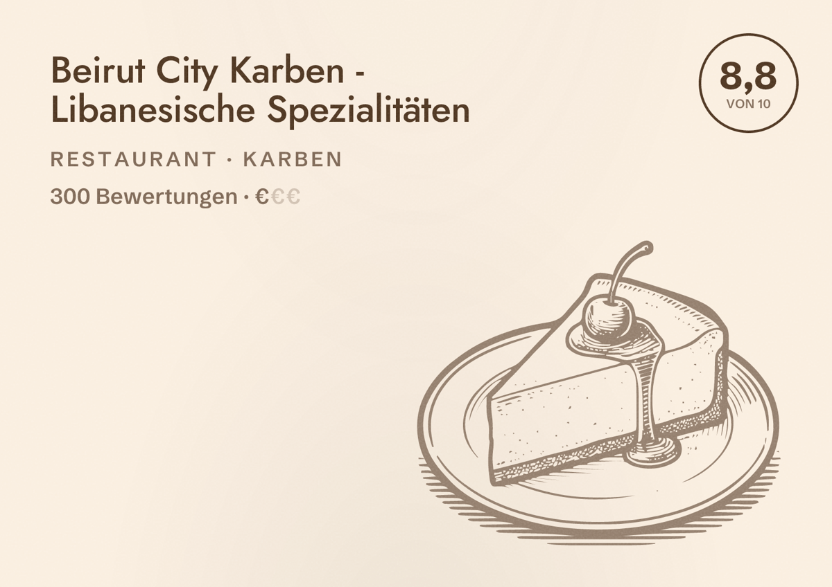 Illustriertes Poster von Beirut City Karben - Libanesische Spezialitäten, Restaurant in Karben: Bewertung 8,8 von 10 aus 300 Bewertungen, Preisniveau €
