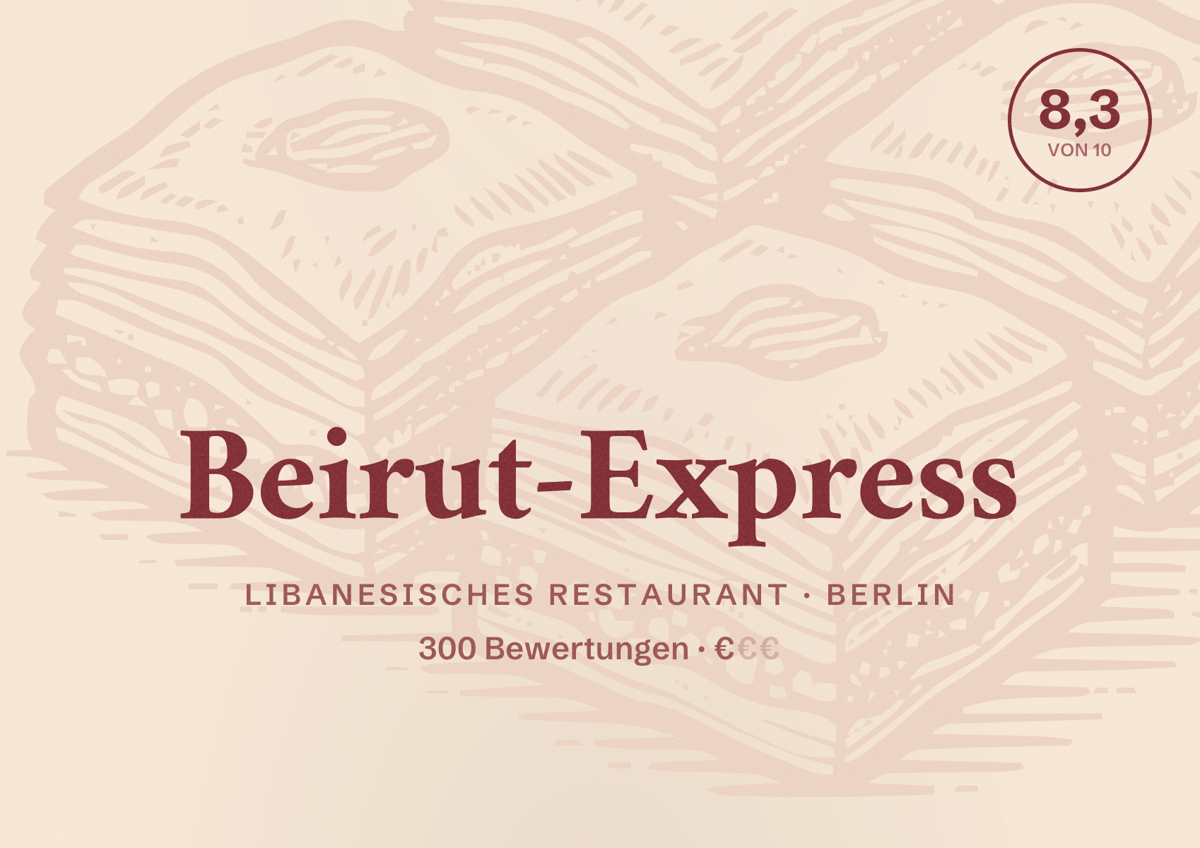 Illustriertes Poster von Beirut-Express, Libanesisches Restaurant in Berlin: Bewertung 8,3 von 10 aus 300 Bewertungen, Preisniveau €
