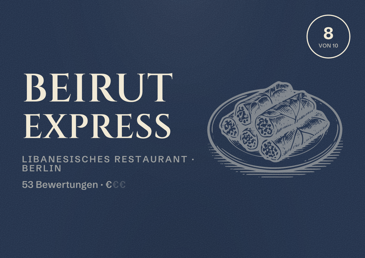 Illustriertes Poster von Beirut Express, Libanesisches Restaurant in Berlin: Bewertung 8,0 von 10 aus 53 Bewertungen, Preisniveau €