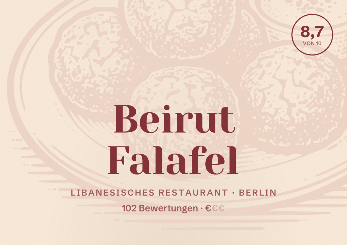 Illustriertes Poster von Beirut Falafel, Libanesisches Restaurant in Berlin: Bewertung 8,7 von 10 aus 102 Bewertungen, Preisniveau €