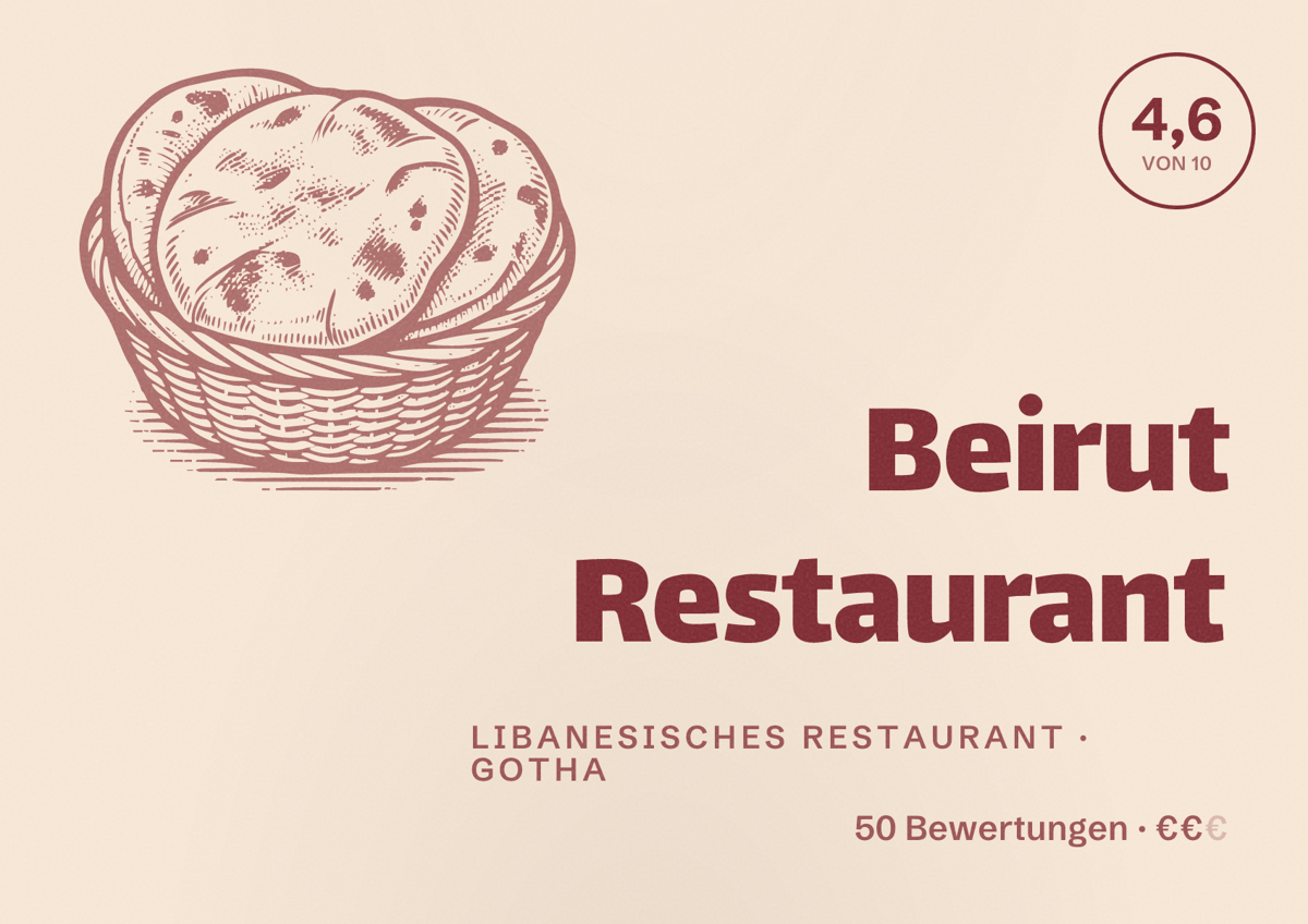 Illustriertes Poster von Beirut Restaurant, Libanesisches Restaurant in Gotha: Bewertung 4,6 von 10 aus 50 Bewertungen, Preisniveau €€