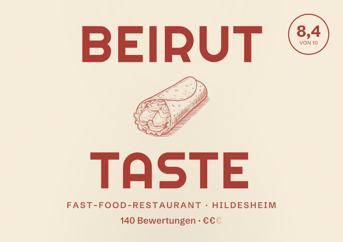 Illustriertes Poster von BEIRUT TASTE, Fast-Food-Restaurant in Hildesheim: Bewertung 8,4 von 10 aus 140 Bewertungen, Preisniveau €€