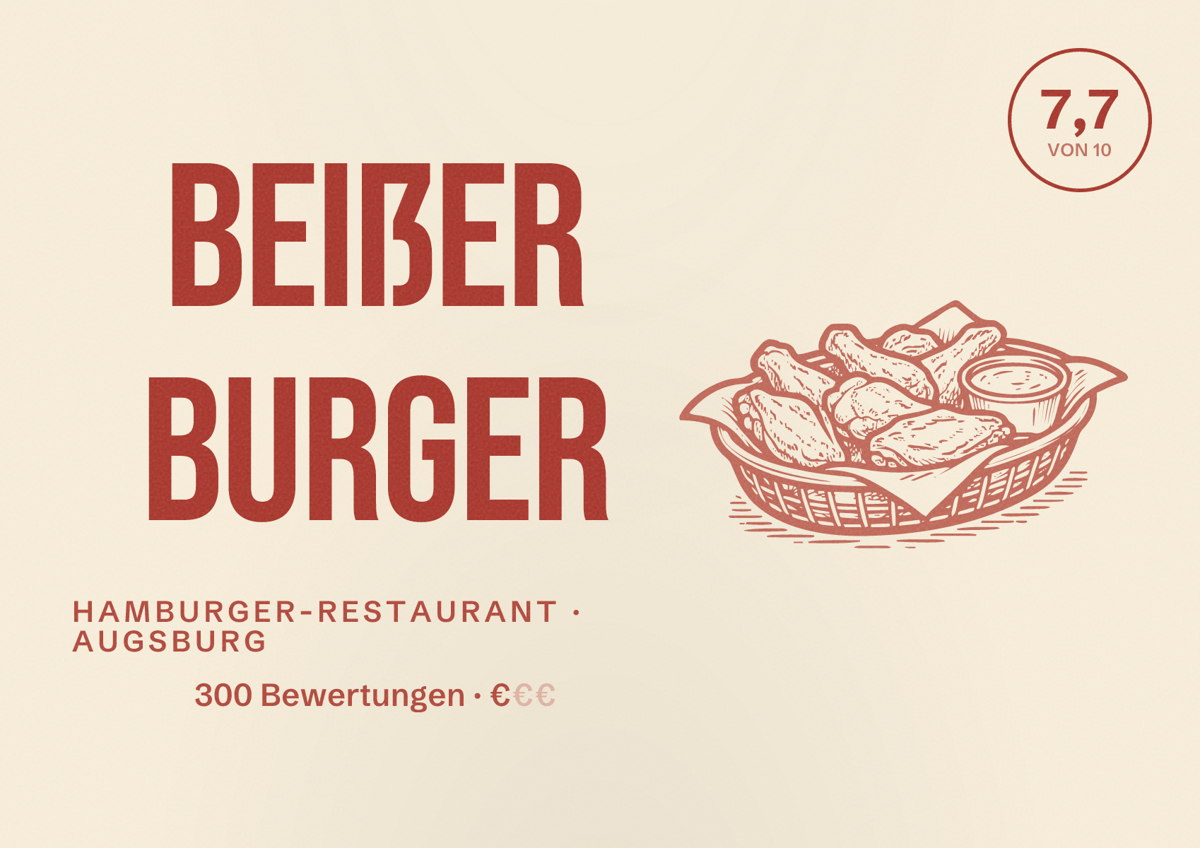 Illustriertes Poster von beißer burger, Hamburger-Restaurant in Augsburg: Bewertung 7,7 von 10 aus 300 Bewertungen, Preisniveau €
