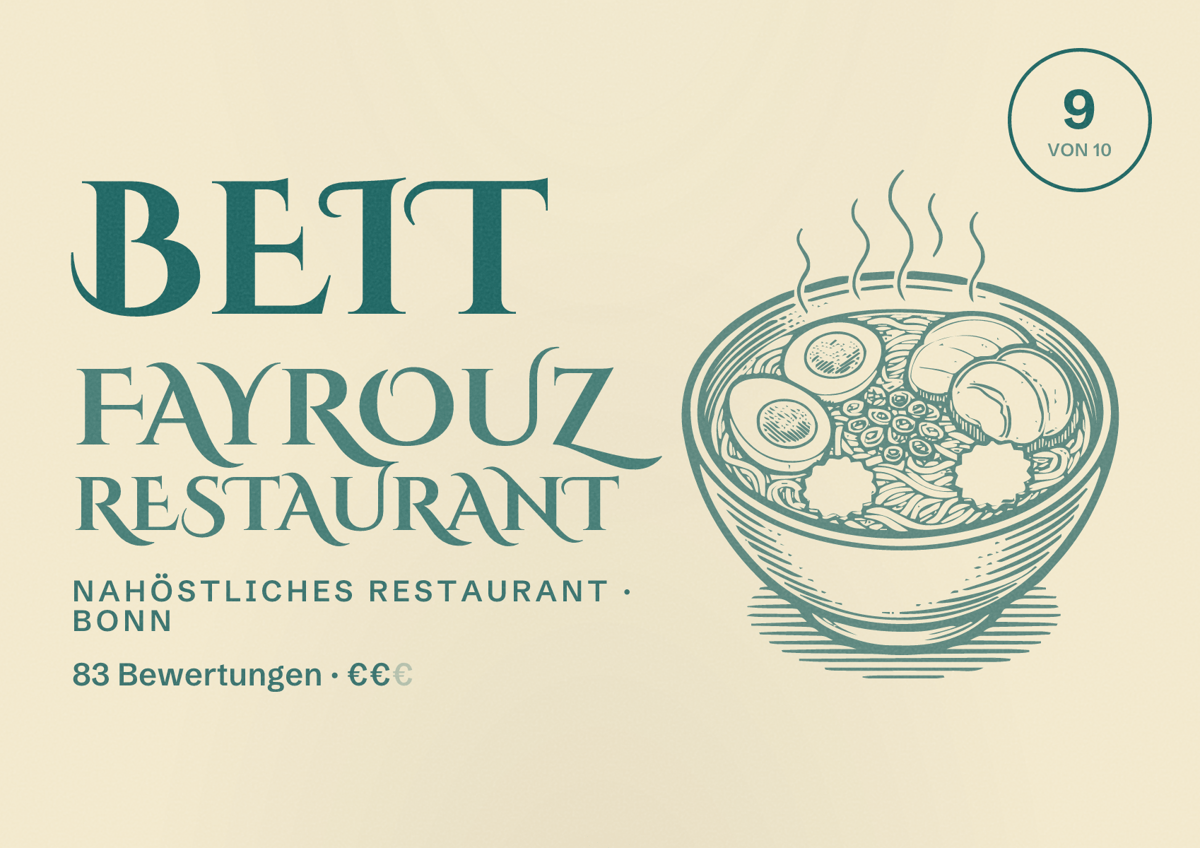 Illustriertes Poster von Beit Fayrouz Restaurant, Nahöstliches Restaurant in Bonn: Bewertung 9 von 10 aus 83 Bewertungen, Preisniveau €€