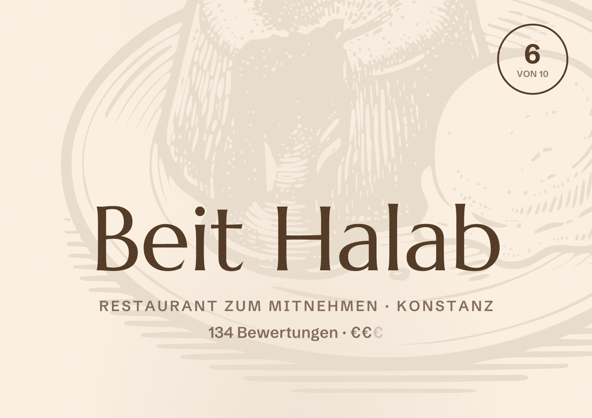 Illustriertes Poster von Beit Halab, Restaurant zum Mitnehmen in Konstanz: Bewertung 6 von 10 aus 134 Bewertungen, Preisniveau €€