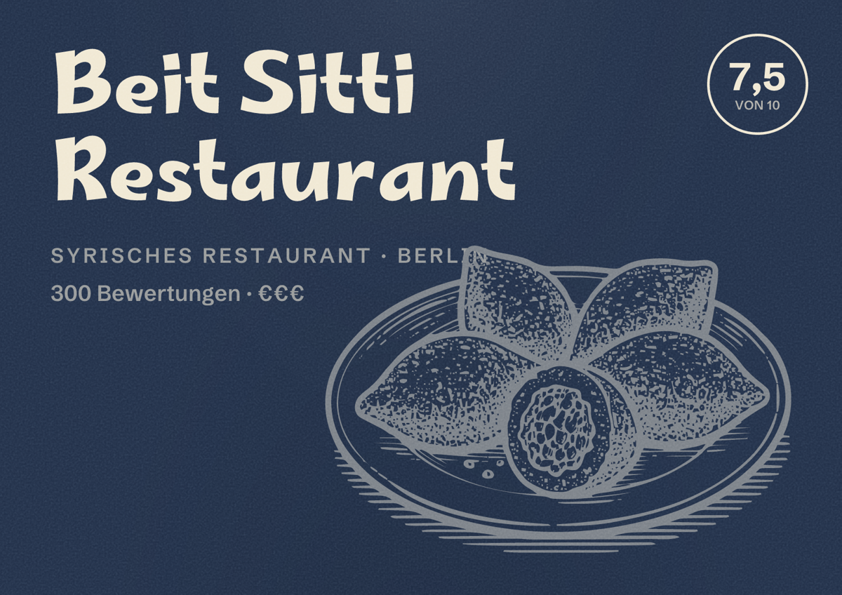 Illustriertes Poster von Beit Sitti Restaurant, Syrisches Restaurant in Berlin: Bewertung 7,5 von 10 aus 300 Bewertungen, Preisniveau €€€