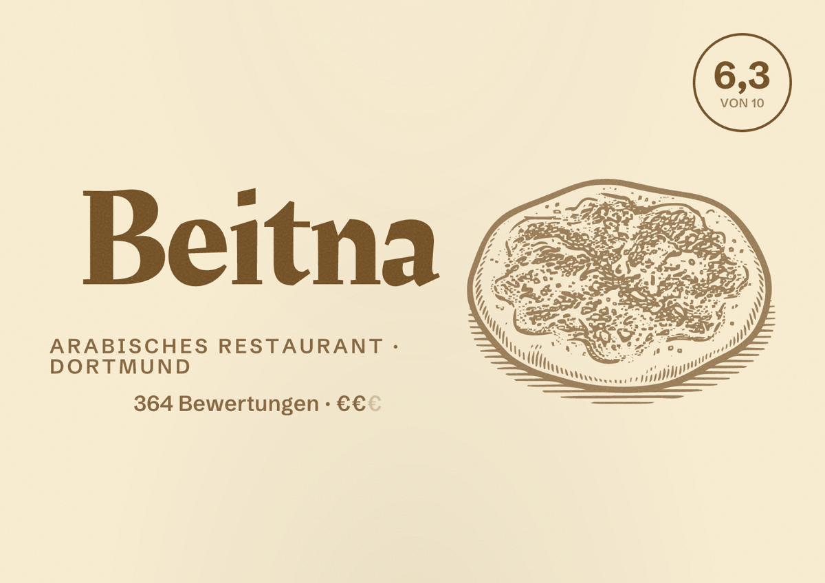 Illustriertes Poster von Beitna, Arabisches Restaurant in Dortmund: Bewertung 6,3 von 10 aus 364 Bewertungen, Preisniveau €€