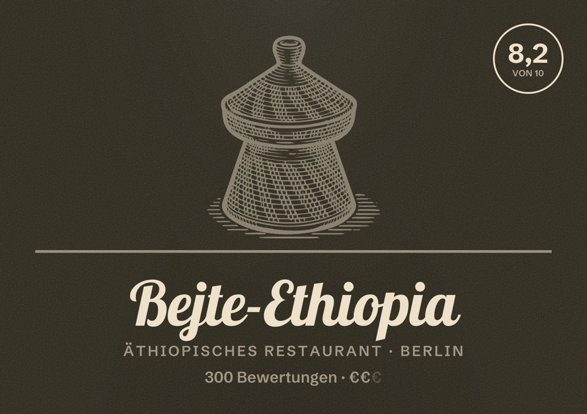 Illustriertes Poster von Bejte-Ethiopia, Äthiopisches Restaurant in Berlin: Bewertung 8,2 von 10 aus 300 Bewertungen, Preisniveau €€