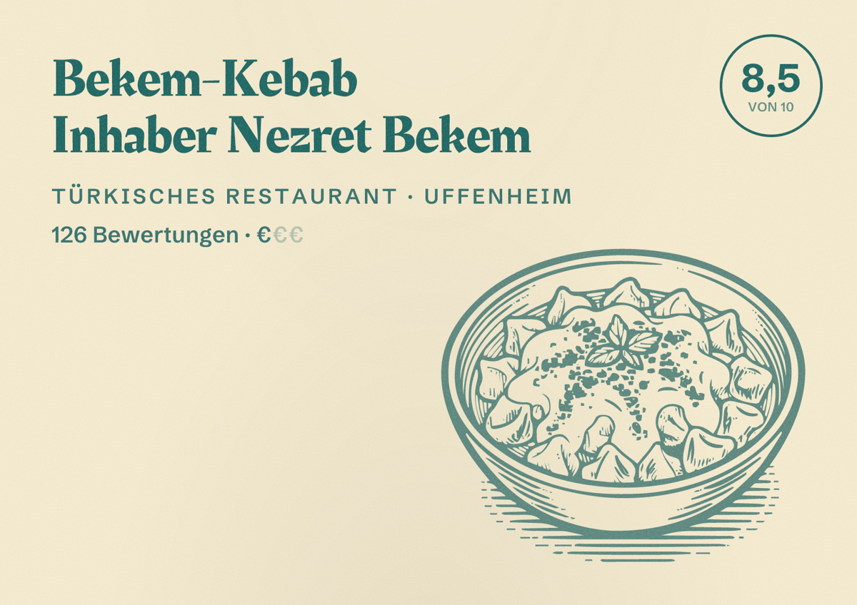 Illustriertes Poster von Bekem-Kebab Inhaber Nezret Bekem, Türkisches Restaurant in Uffenheim: Bewertung 8,5 von 10 aus 126 Bewertungen, Preisniveau €
