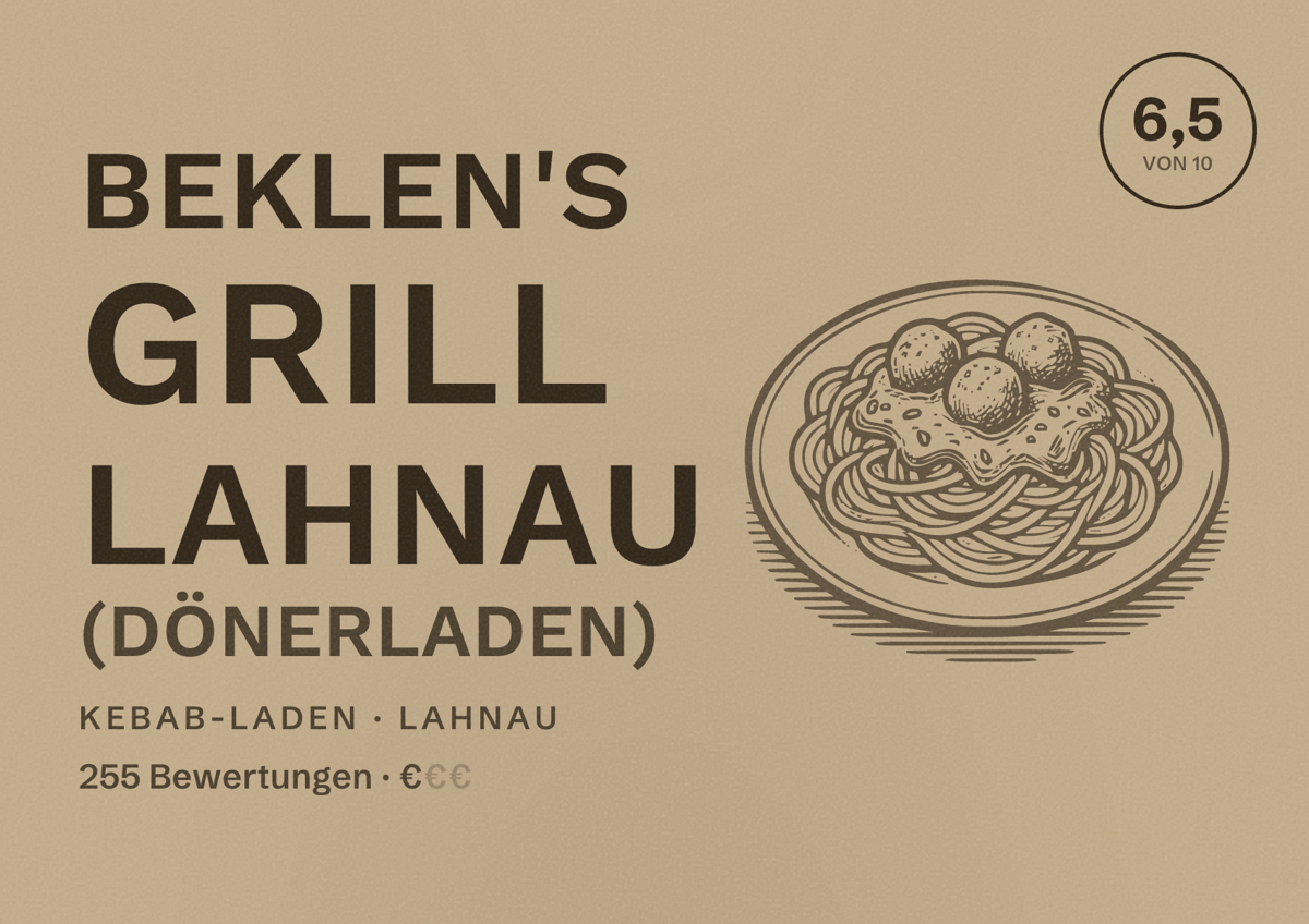 Illustriertes Poster von Beklen's Grill Lahnau (Dönerladen), Kebab-Laden in Lahnau: Bewertung 6,5 von 10 aus 255 Bewertungen, Preisniveau €