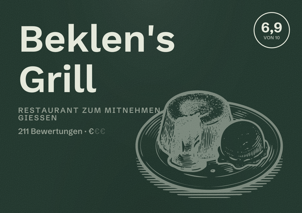 Illustriertes Poster von Beklen's Grill, Restaurant zum Mitnehmen in Gießen: Bewertung 6,9 von 10 aus 211 Bewertungen, Preisniveau €