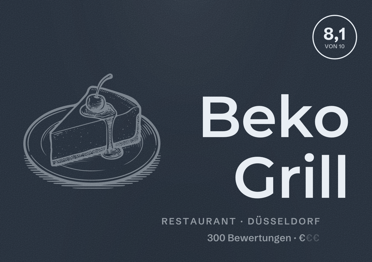 Illustriertes Poster von Beko Grill, Restaurant in Düsseldorf: Bewertung 8,1 von 10 aus 300 Bewertungen, Preisniveau €