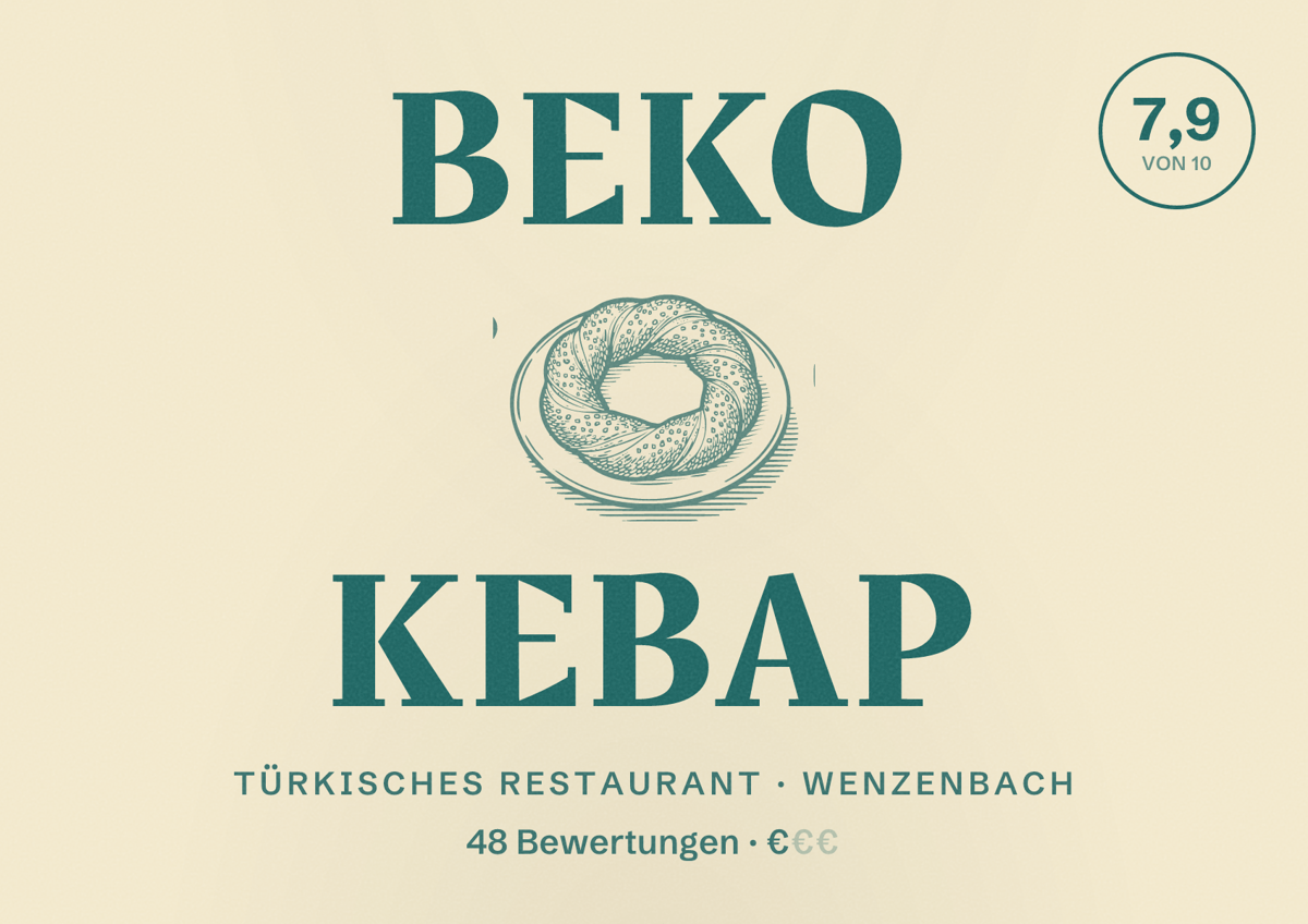 Illustriertes Poster von Beko Kebap, Türkisches Restaurant in Wenzenbach: Bewertung 7,9 von 10 aus 48 Bewertungen, Preisniveau €