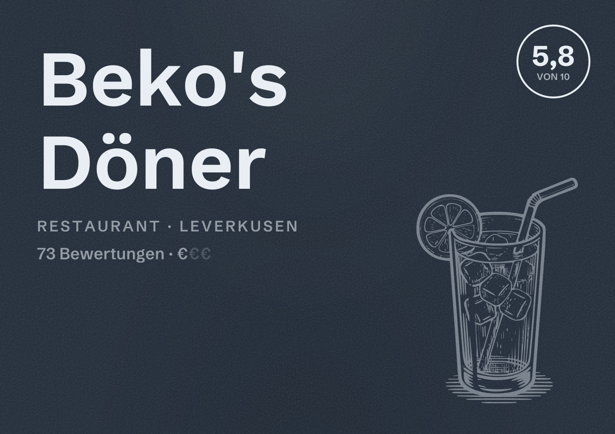 Illustriertes Poster von Beko's Döner, Restaurant in Leverkusen: Bewertung 5,8 von 10 aus 73 Bewertungen, Preisniveau €