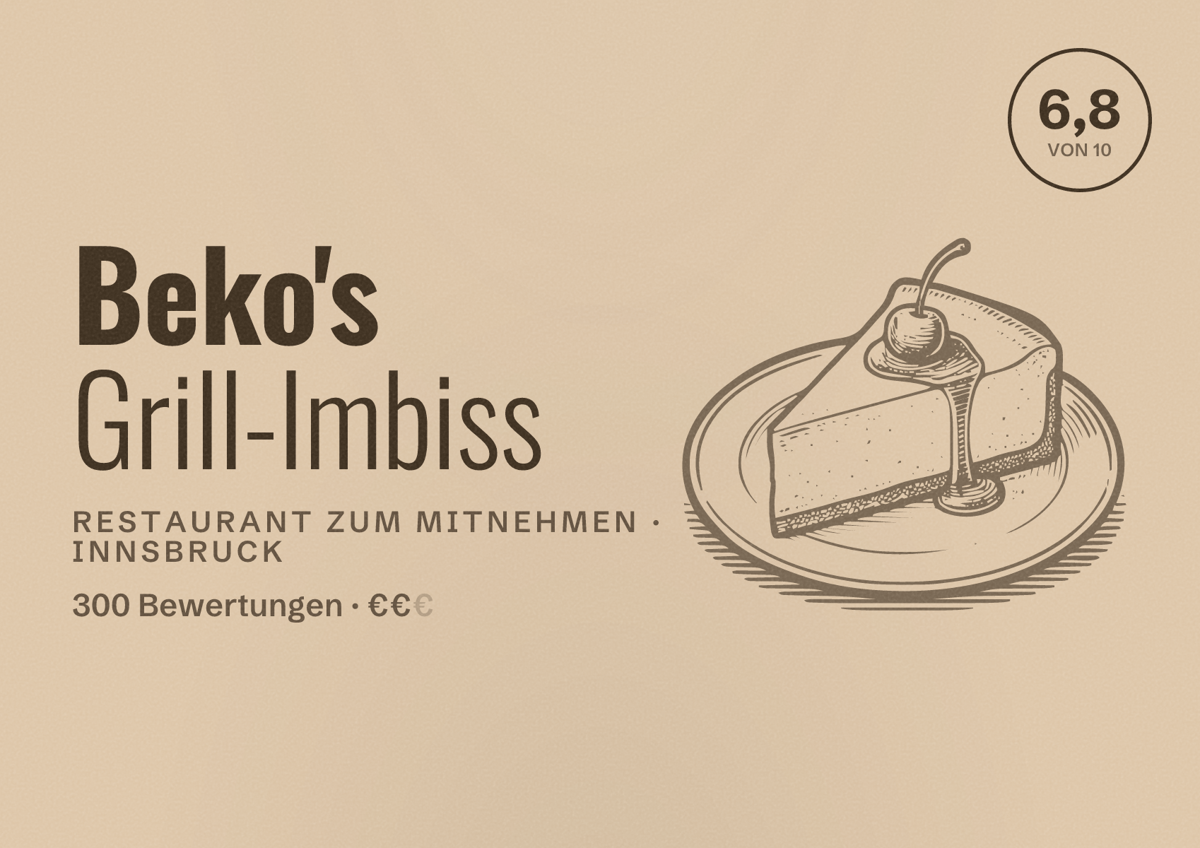 Illustriertes Poster von Beko's Grill-Imbiss, Restaurant zum Mitnehmen in Innsbruck: Bewertung 6,8 von 10 aus 300 Bewertungen, Preisniveau €€