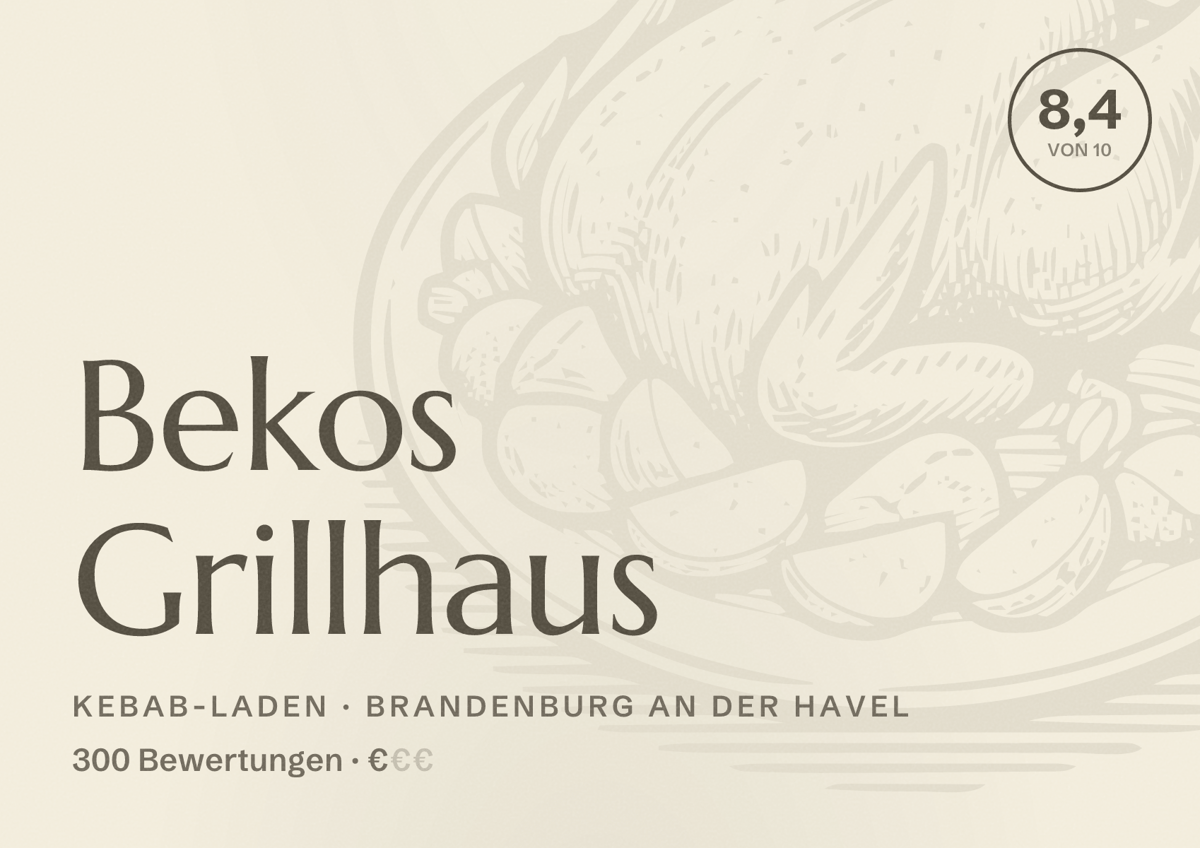 Illustriertes Poster von Bekos Grillhaus, Kebab-Laden in Brandenburg an der Havel: Bewertung 8,4 von 10 aus 300 Bewertungen, Preisniveau €