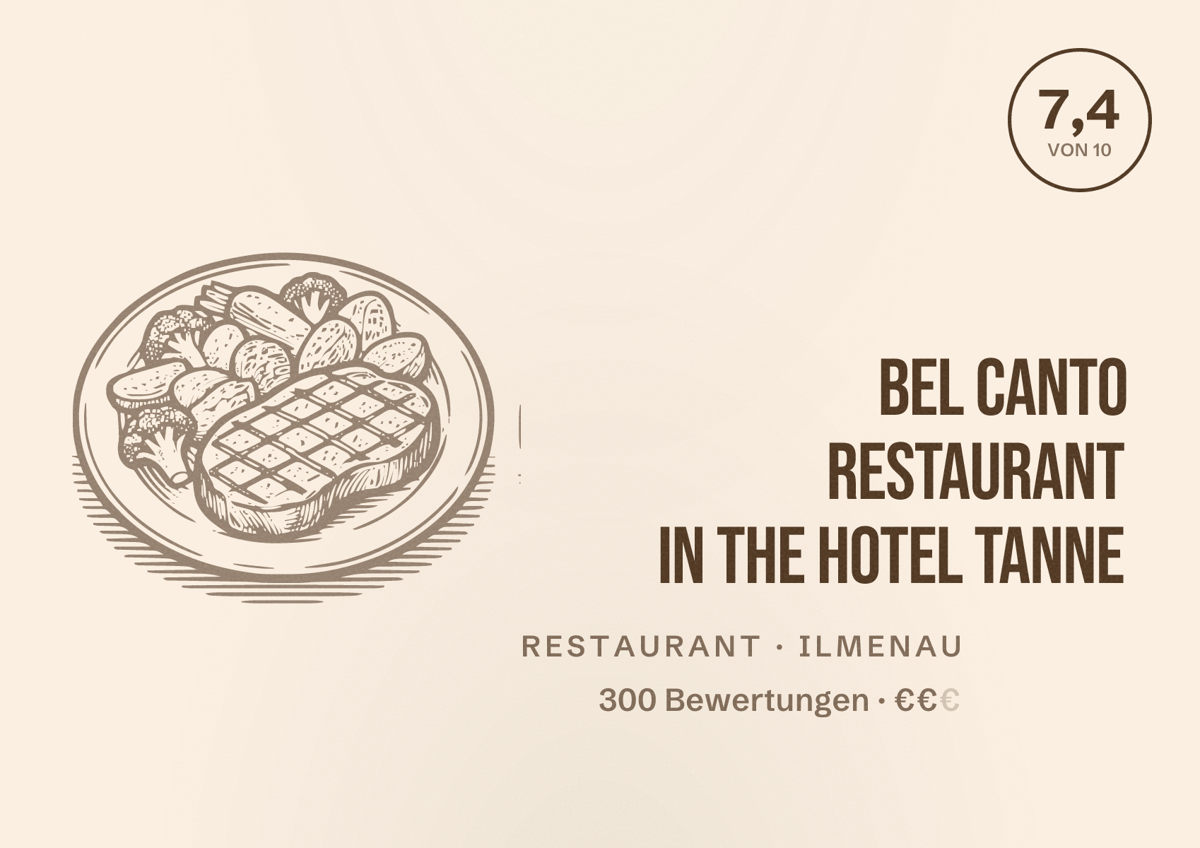 Illustriertes Poster von Bel Canto Restaurant in the Hotel Tanne, Restaurant in Ilmenau: Bewertung 7,4 von 10 aus 300 Bewertungen, Preisniveau €€